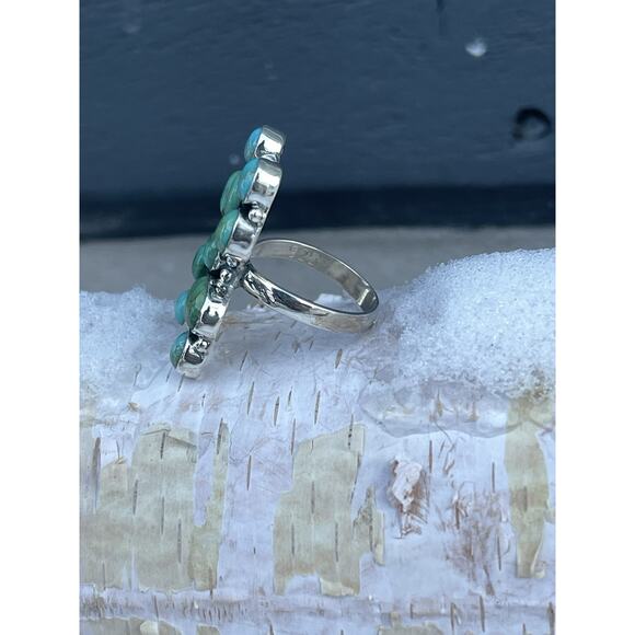 Sterling Silver NATIVE Style Turquoise Cluster Ring Adj 6-9 Large SW Statement - Picture 7 of 9